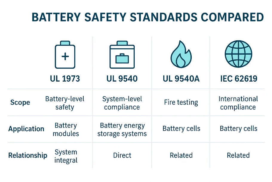 Battery-Safety-Standards-Compared-UL-1973-certification-for-batteries - SunLith Energy SunLith Energy Battery Safety Standards Compared with UL 1973 Certification