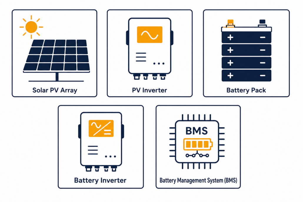 ac-coupled-bess-core-components - SunLith Energy SunLith Energy Labeled diagram of AC coupled BESS components: solar PV array, PV inverter, battery pack, battery inverter, and BMS