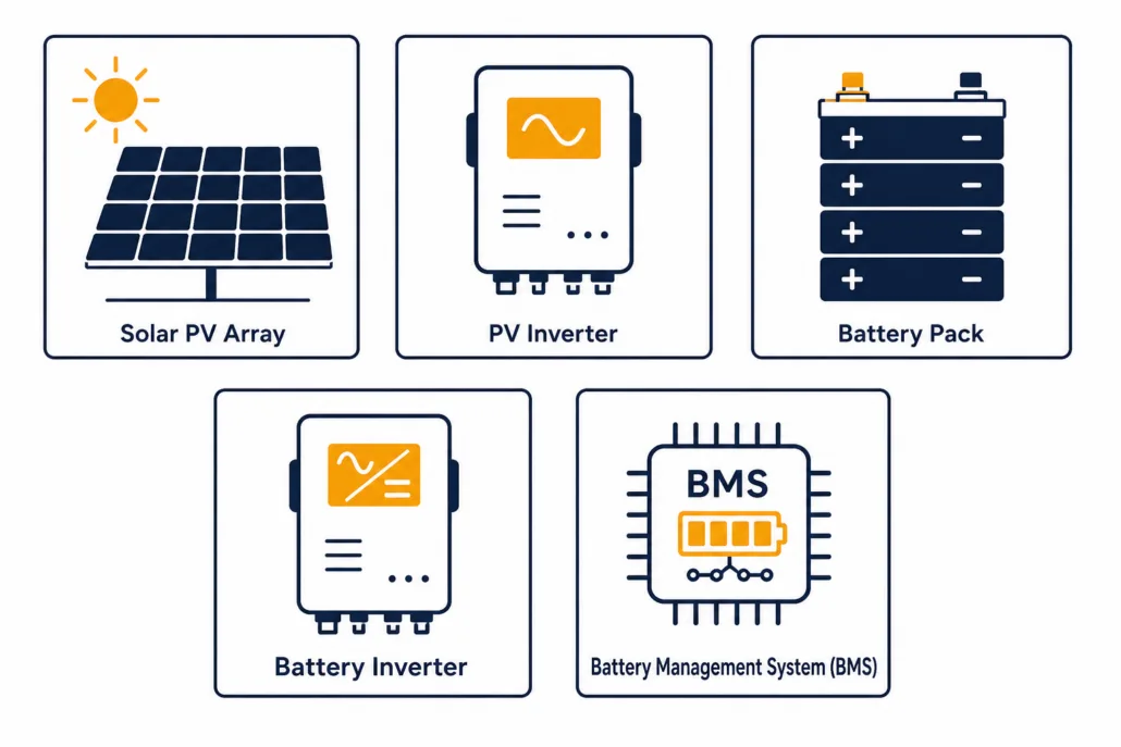 ac-coupled-bess-core-components - SunLith Energy SunLith Energy Labeled diagram of AC coupled BESS components: solar PV array, PV inverter, battery pack, battery inverter, and BMS