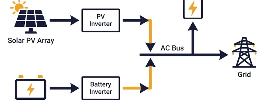 ac-coupled-bess-single-line-diagram - SunLith Energy SunLith Energy Single line diagram of an AC coupled BESS showing separate solar PV inverter and battery inverter connecting on the AC side