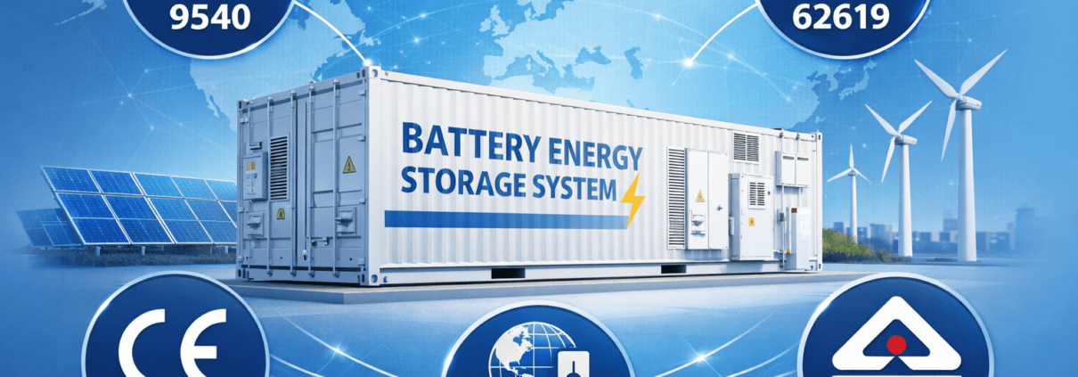 BESS Certifications Global Standards 2026 - SunLith Energy SunLith Energy BESS certifications infographic showing UL IEC CE BIS and UN38.3 standards for battery energy storage systems