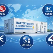  SunLith Energy BESS certifications infographic showing UL IEC CE BIS and UN38.3 standards for battery energy storage systems