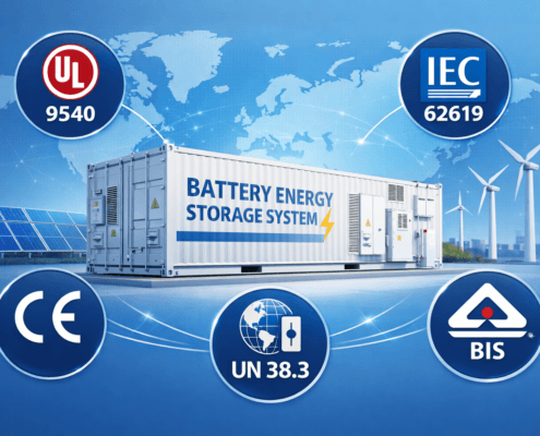 BESS Certifications Global Standards 2026 - SunLith Energy SunLith Energy BESS certifications infographic showing UL IEC CE BIS and UN38.3 standards for battery energy storage systems