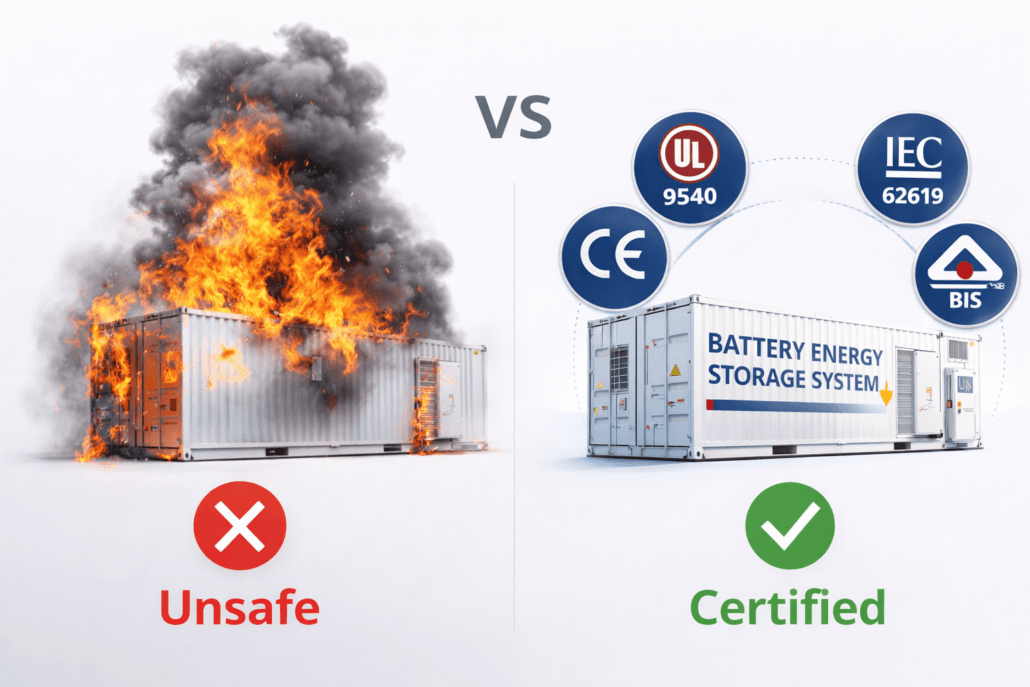 comparison of certified vs uncertified BESS systems showing safety risks and fire hazards