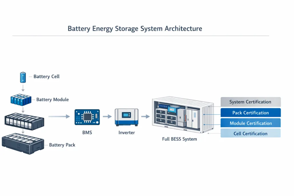 SunLith Energy BESS system architecture showing certification levels from cell to full system