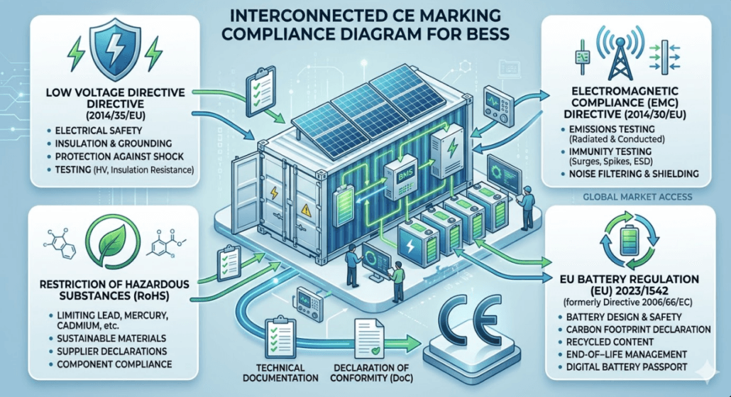 CE marking requirements for battery energy storage system showing LVD EMC and RoHS directives