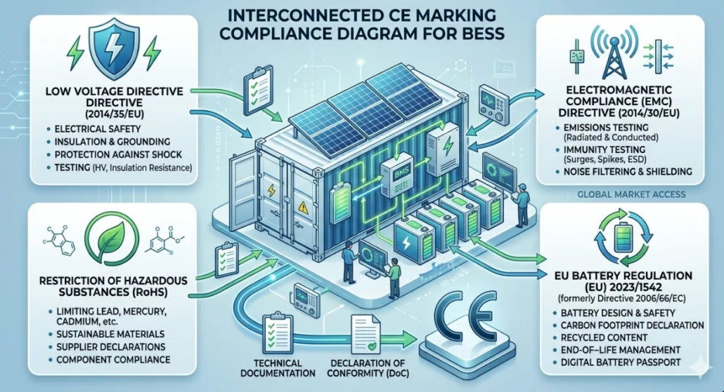 SunLith Energy CE marking requirements for battery energy storage system showing LVD EMC and RoHS directives