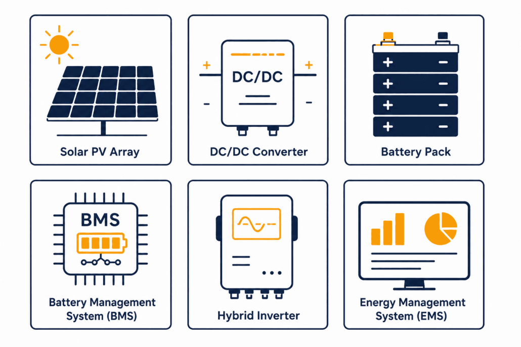 SunLith Energy Labeled diagram of DC coupled BESS components: solar PV array, DC/DC converter, battery pack, BMS, hybrid inverter, and EMS