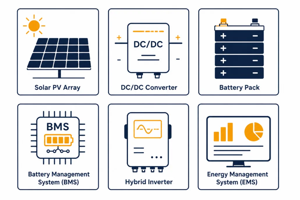 SunLith Energy Labeled diagram of DC coupled BESS components: solar PV array, DC/DC converter, battery pack, BMS, hybrid inverter, and EMS