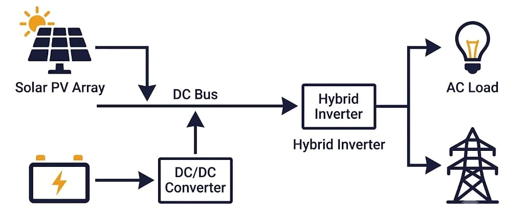 dc-coupled-bess-single-line-diagram - SunLith Energy SunLith Energy Single line diagram of a DC coupled BESS showing solar PV array, DC/DC converter, battery pack, shared hybrid inverter, and connection to AC loads and grid