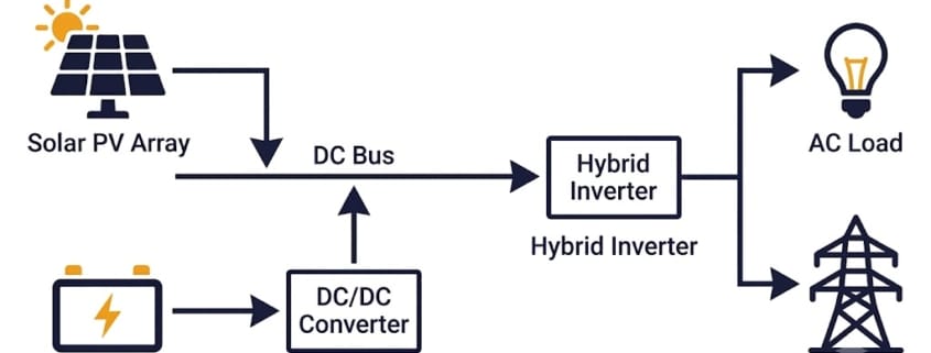 SunLith Energy Single line diagram of a DC coupled BESS showing solar PV array, DC/DC converter, battery pack, shared hybrid inverter, and connection to AC loads and grid