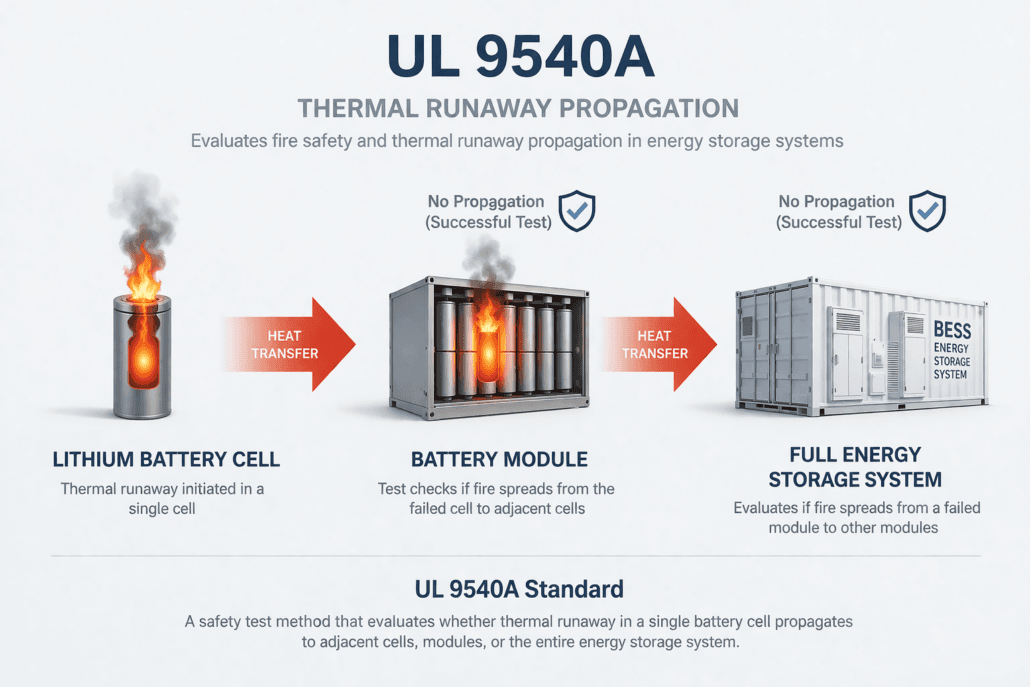 UL 9540A thermal runaway fire propagation test diagram for battery energy storage system