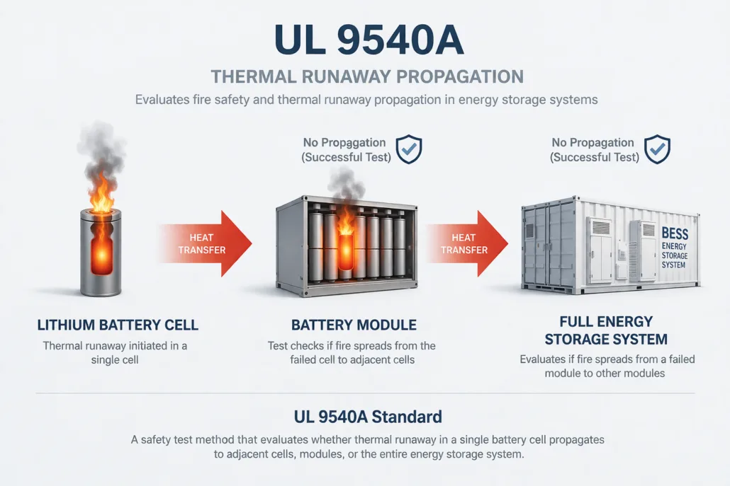 SunLith Energy UL 9540A thermal runaway fire propagation test diagram for battery energy storage system