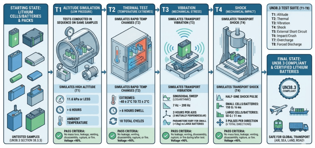 UN 38.3 transport safety tests for lithium batteries including vibration shock and thermal testing