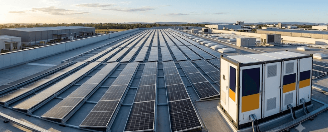 100kW-load-sizing-guide-hero - SunLith Energy SunLith Energy Rooftop solar panels stretch in long rows on a flat commercial roof under a clear sky. A large utility unit sits at the right side of the roof.