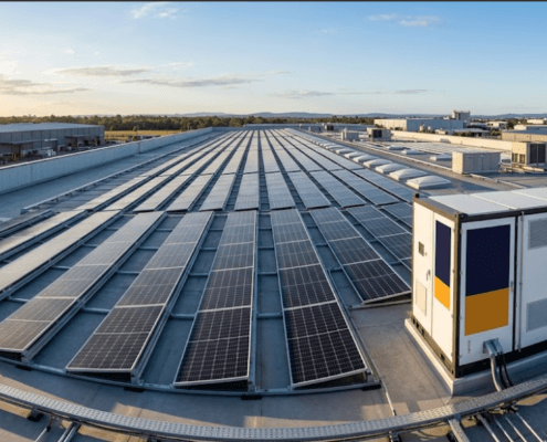 100kW-load-sizing-guide-hero - SunLith Energy SunLith Energy Rooftop solar panels stretch in long rows on a flat commercial roof under a clear sky. A large utility unit sits at the right side of the roof.