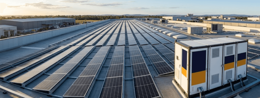 Rooftop solar panels stretch in long rows on a flat commercial roof under a clear sky. A large utility unit sits at the right side of the roof.