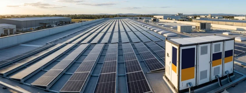 100kW-load-sizing-guide-hero - SunLith Energy SunLith Energy Rooftop solar panels stretch in long rows on a flat commercial roof under a clear sky. A large utility unit sits at the right side of the roof.