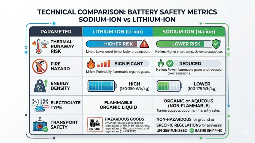 comparison table sodium-ion vs lithium-ion battery safety metrics