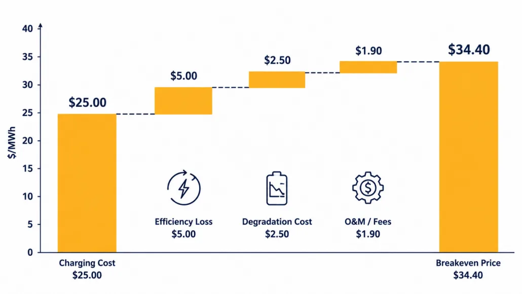 Waterfall chart showing how efficiency losses, degradation, and fees raise the breakeven price for energy arbitrage