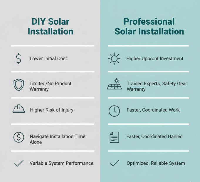Infographic comparing DIY solar installation and professional solar installation by cost, warranty, safety, time, permits, and reliability