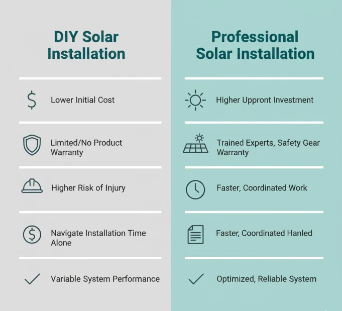 Infographic comparing DIY solar installation and professional solar installation by cost, warranty, safety, time, permits, and reliability