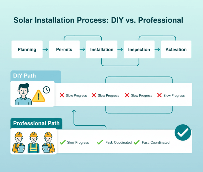 Flowchart showing the five steps of solar installation — planning, permits, installation, inspection, and activation — comparing DIY vs professional approaches
