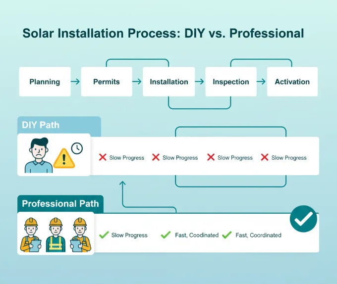 Flowchart showing the five steps of solar installation — planning, permits, installation, inspection, and activation — comparing DIY vs professional approaches