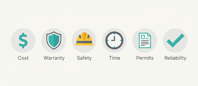 Icons representing cost, warranty, safety, time, permits, and reliability for solar installation comparison