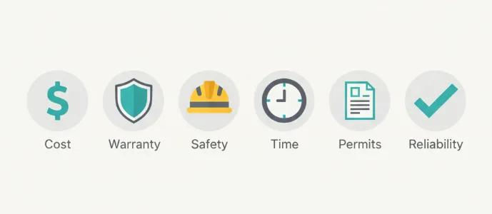 Icons representing cost, warranty, safety, time, permits, and reliability for solar installation comparison