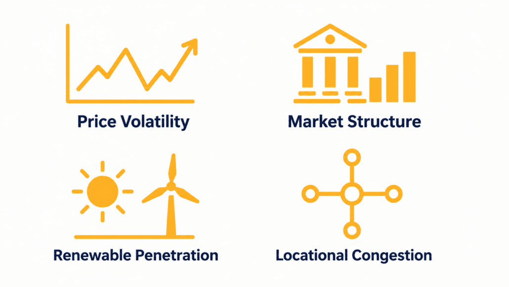 Four factors that increase energy arbitrage value: volatility, market structure, renewables, congestion
