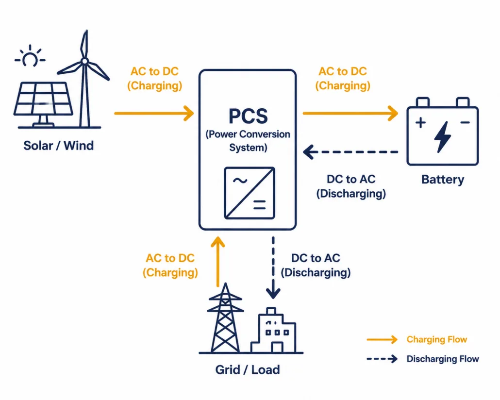 Diagram of a PCS converting AC to DC for battery charging and DC to AC for discharging to the grid or loads