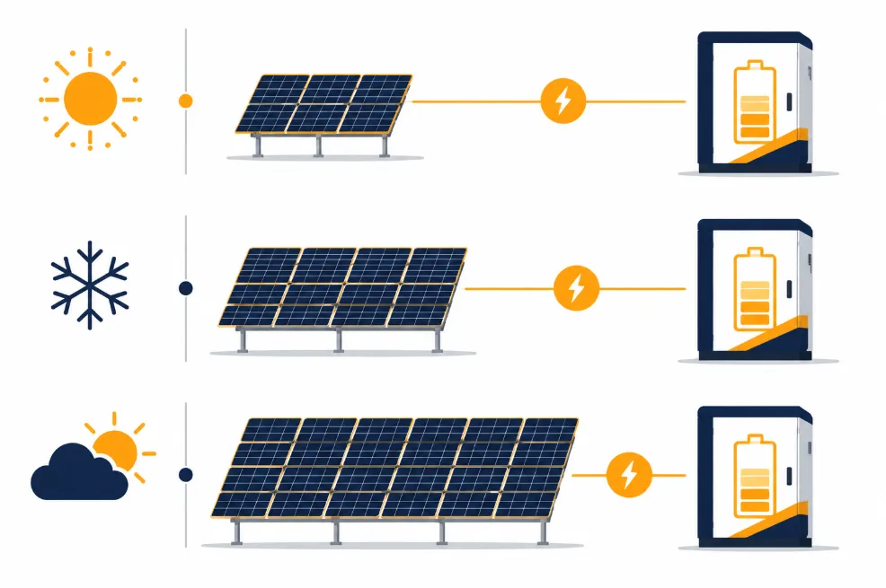 required-solar-array-capacity-by-season-for-a-100kw-load - SunLith Energy SunLith Energy Three-row infographic showing solar panels charging a battery unit under different conditions: sunny day, snowy day, and cloudy with sun.