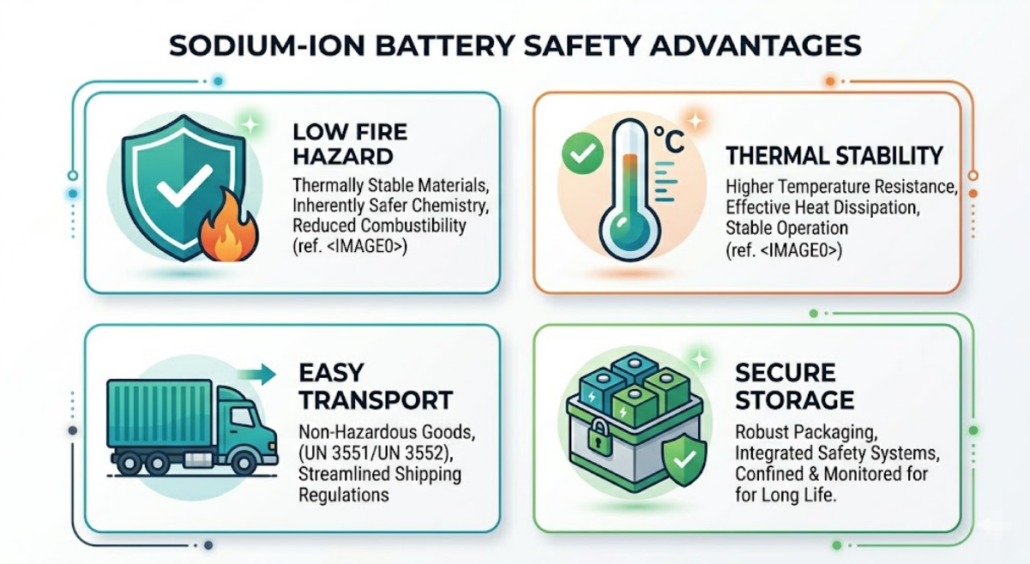 sodium-ion battery safety advantages icons infographic