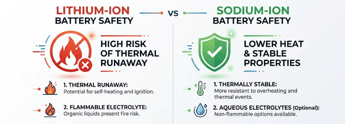 SunLith Energy sodium-ion battery safety vs lithium-ion thermal runaway comparison infographic