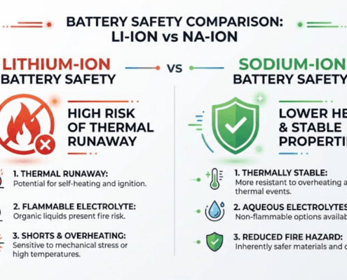 SunLith Energy sodium-ion battery safety vs lithium-ion thermal runaway comparison infographic