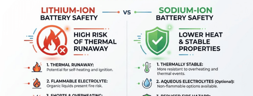  SunLith Energy sodium-ion battery safety vs lithium-ion thermal runaway comparison infographic