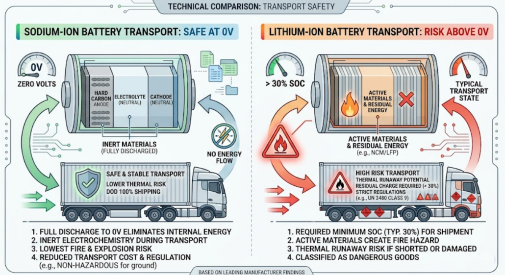 Sodium-ion battery safety 0V transport illustration