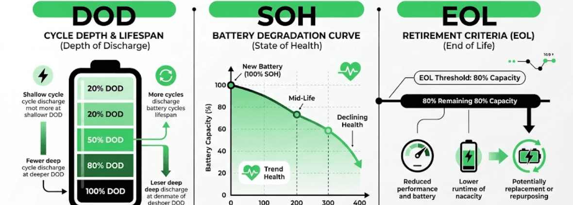  SunLith Energy Battery cycle standards comparison showing DOD vs SOH vs EOL