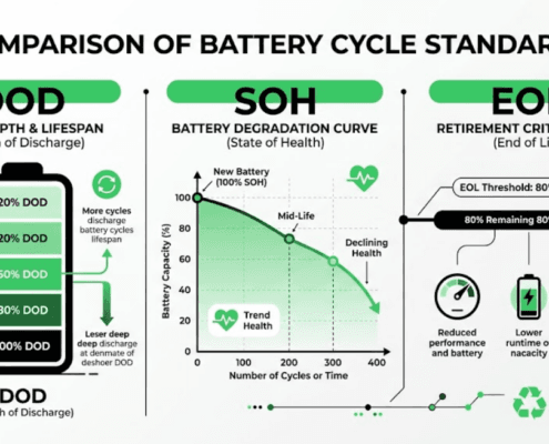 SunLith Energy Battery cycle standards comparison showing DOD vs SOH vs EOL
