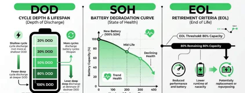 Battery cycle standards comparison showing DOD vs SOH vs EOL