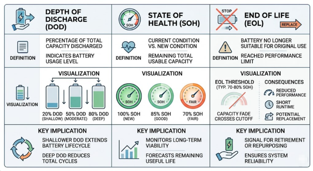 Comparison of DOD SOH and EOL battery cycle standards