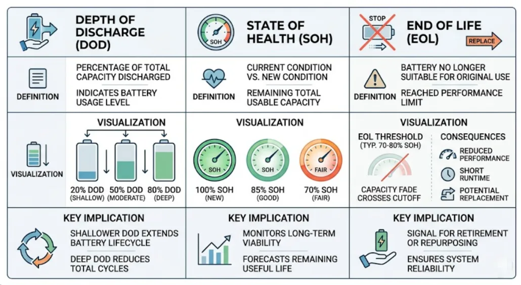 Comparison of DOD SOH and EOL battery cycle standards