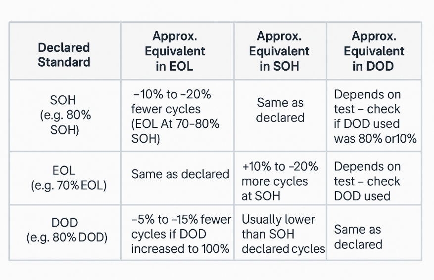 Chart showing how battery cycle life converts between SOH, DOD, and EOL.