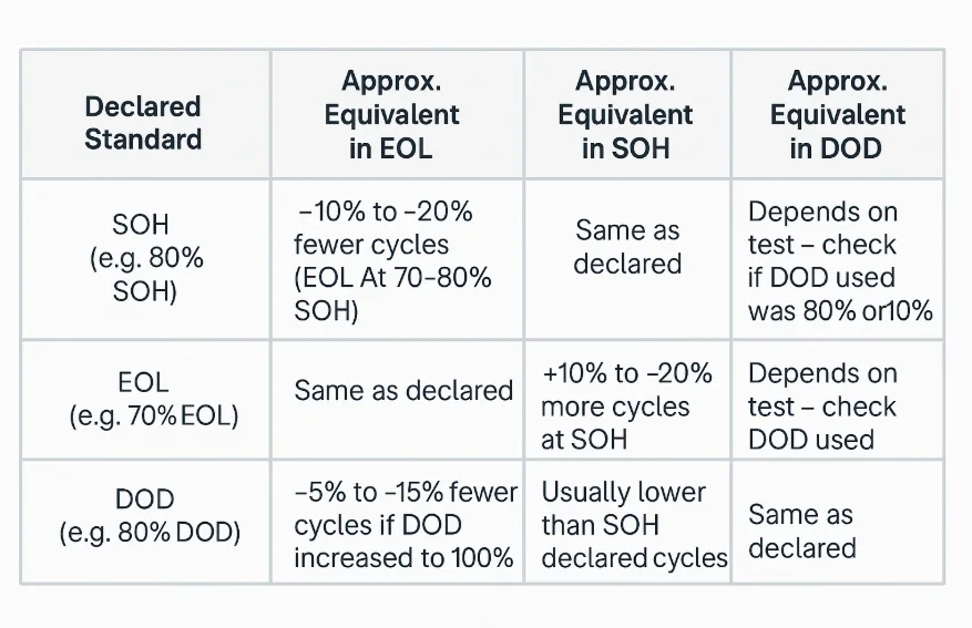 Chart showing how battery cycle life converts between SOH, DOD, and EOL.