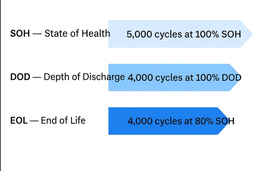 showing how battery cycle numbers differ depending on SOH, DOD, and EOL test standards.