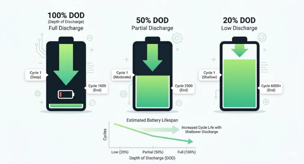 Depth of Discharge levels showing 100%, 50%, and 20% battery usage