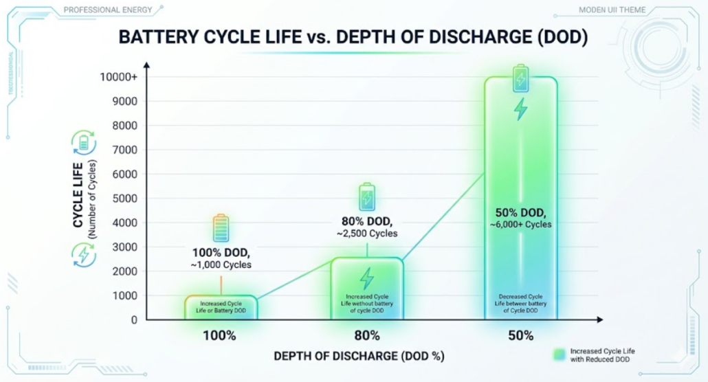Battery cycle life increases as depth of discharge decreases