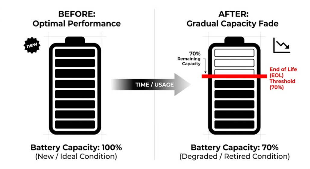 Battery end of life defined at 70 percent capacity threshold