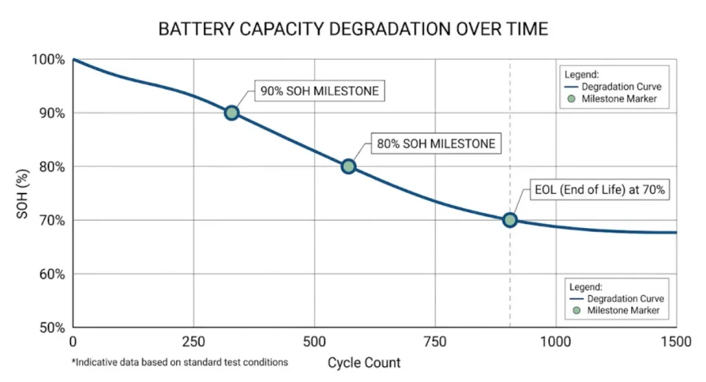 Battery state of health degradation curve over charge cycles